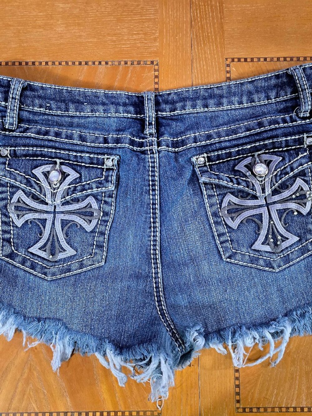 Verona Rhinestone Cross Pocket Denim Shorts Frayed Y2K Cutoffs